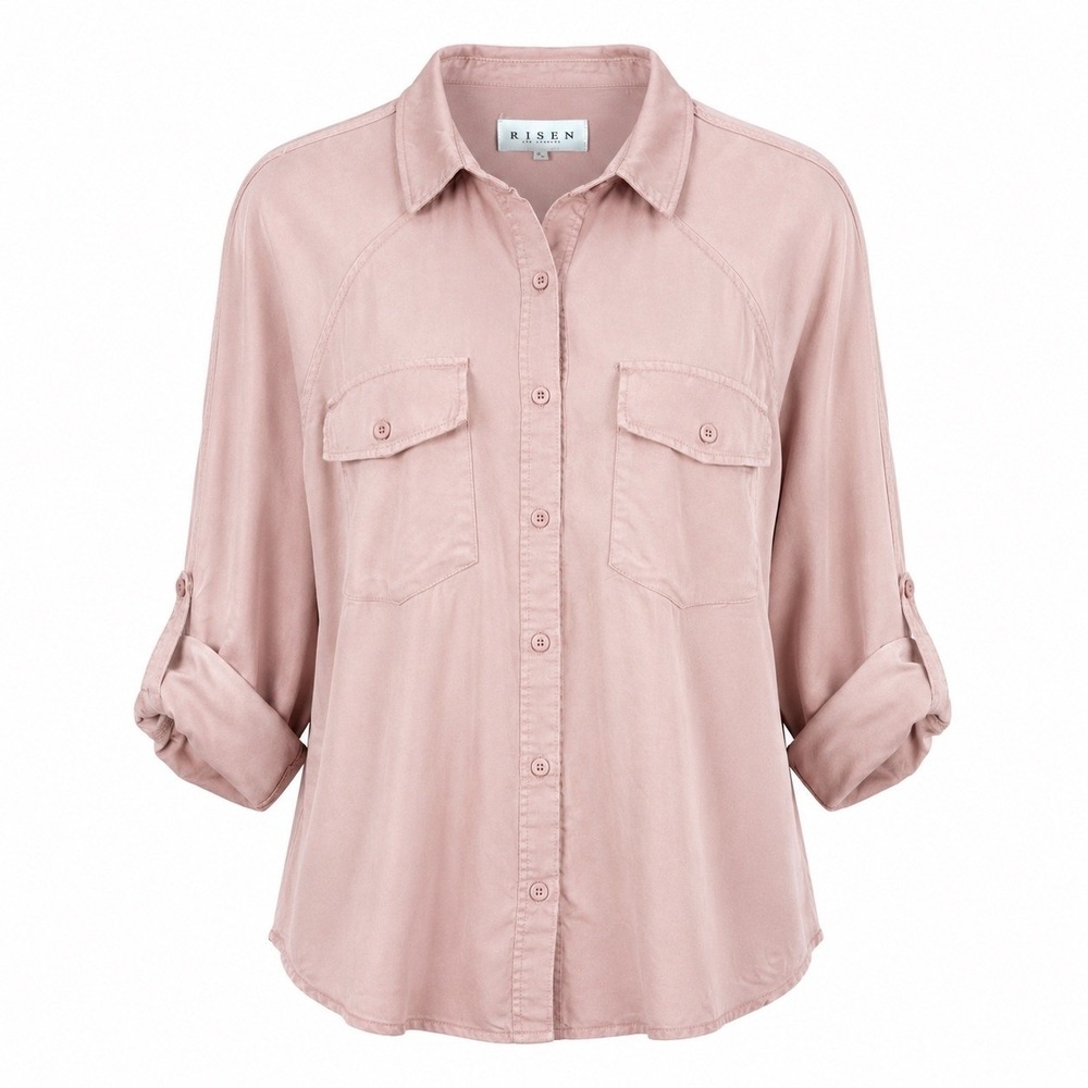 Risen Womens Button Down Shirt S Tencel Pink Utility Roll Sleeve Shacket NWT